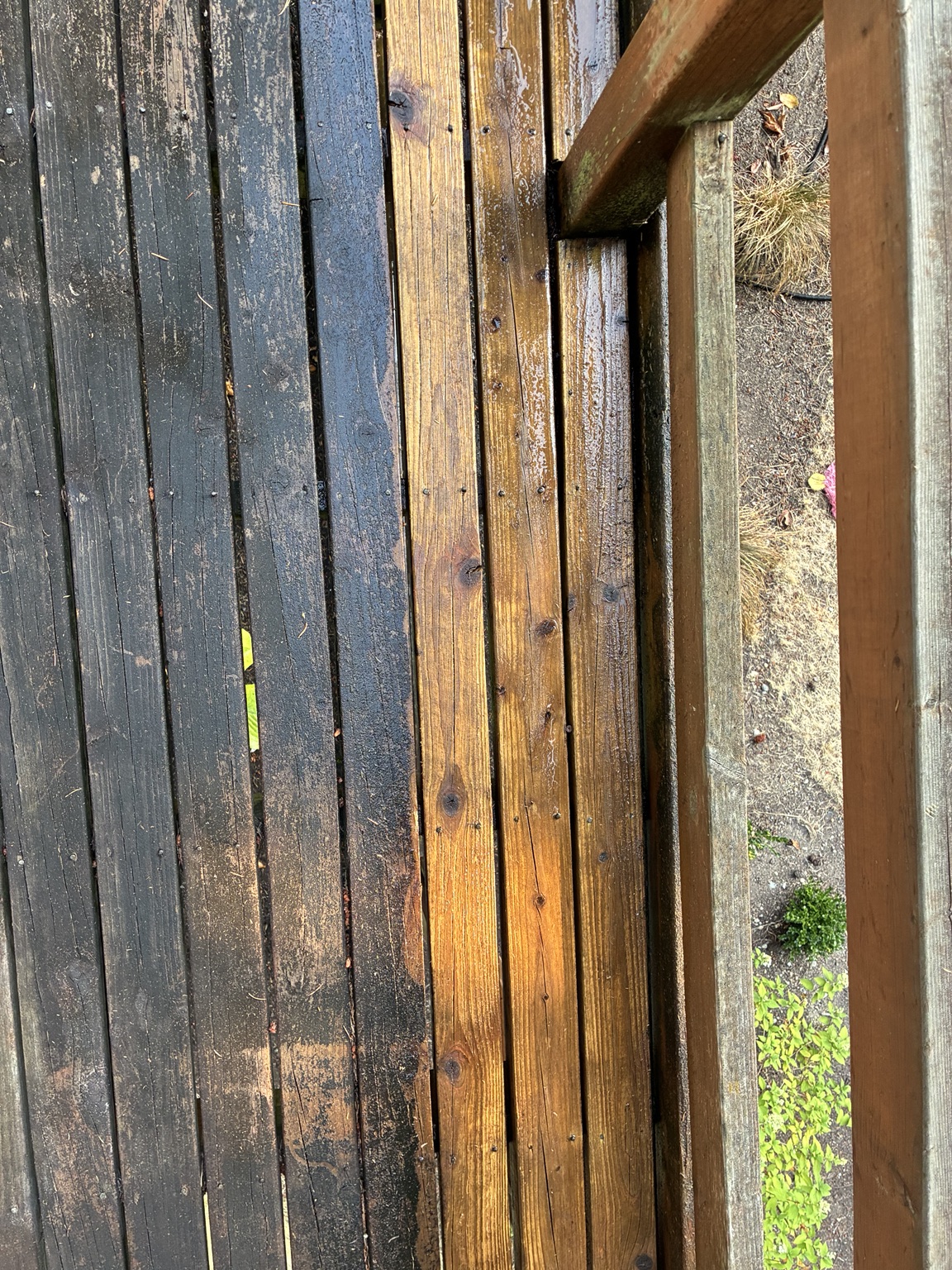 Wood deck with a clear side-by-side view of the dark weathered boards and freshly cleaned boards